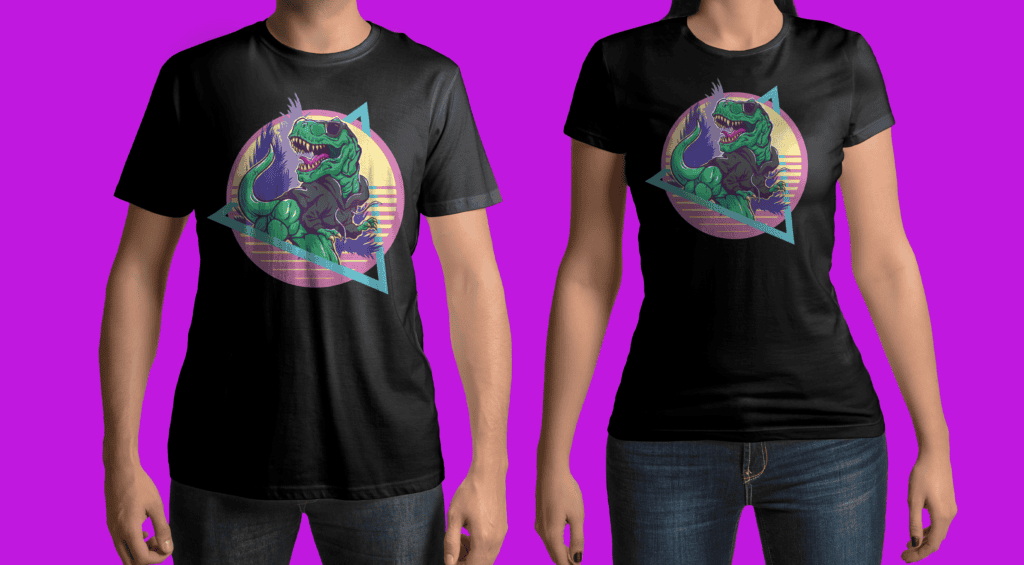 Two black t-shirts, worn by a man and a woman, feature a vibrant retro-style T-Rex dinosaur graphic with sunglasses against a neon triangle on a purple background.