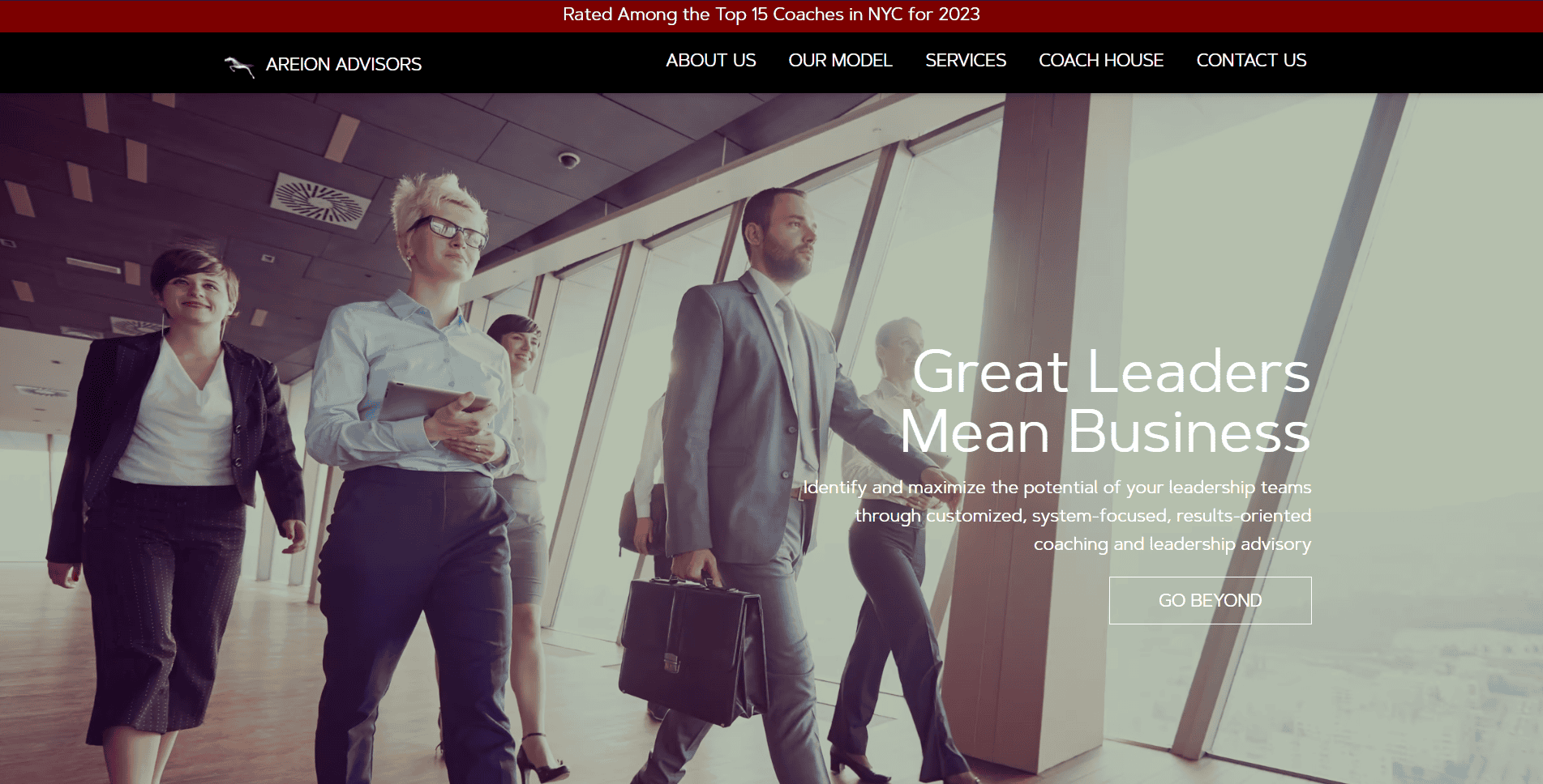 A diverse group of professionals confidently walks through a modern office. Text reads, “Great Leaders Mean Business,” promoting leadership coaching.