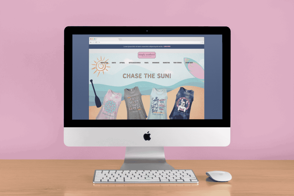 Computer screen displaying a colorful website with "Chase the Sun" text, five casual tank tops with various designs, and a sunny beach theme.