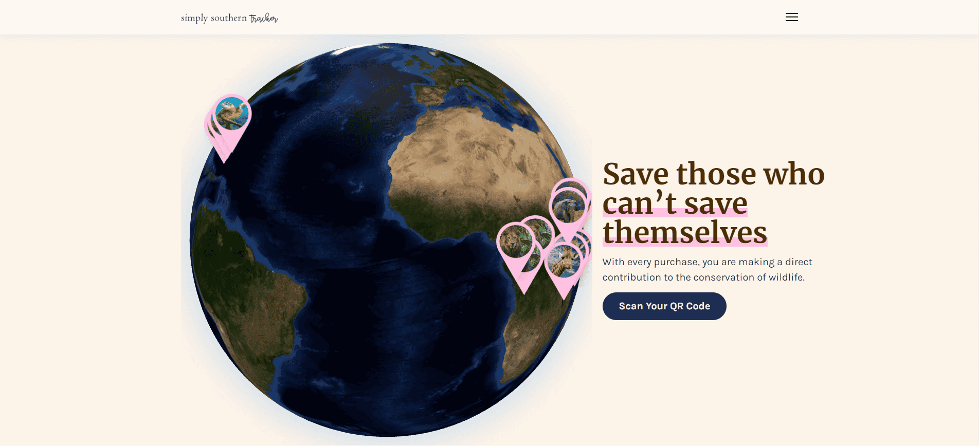 A globe with pink map pins featuring animal images highlights conservation. Text says, "Save those who can’t save themselves." Button reads, "Scan Your QR Code."